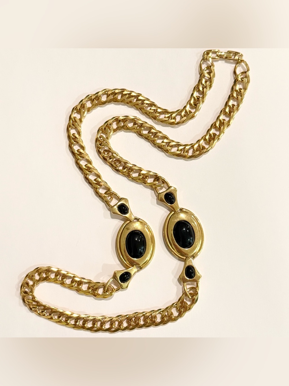 Vintage Napier Runway Couture Black & Gold Tone Necklace 30” Chunky Cabochon 90s